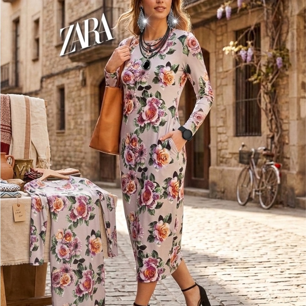 Zara Multicolor Floral Long Sleeve Dress